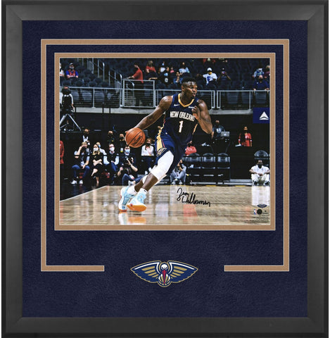 Zion Williamson Pelicans Deluxe FRMD Signed 16x20 Dribbling In Navy Jersey Photo