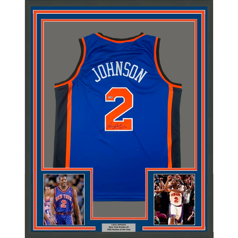 Framed Autographed/Signed Larry Johnson 33x42 New York Blue Jersey Steiner COA