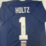 Autographed/Signed LOU HOLTZ Notre Dame Blue College Football Jersey JSA COA