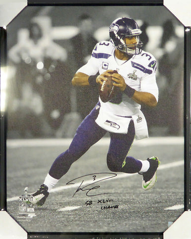 RUSSELL WILSON AUTOGRAPHED SIGNED FRAMED 24X30 CANVAS PHOTO SB CHAMPS RW 107484