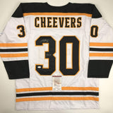 Autographed/Signed GERRY CHEEVERS HOF 85 Boston White Hockey Jersey JSA COA Auto