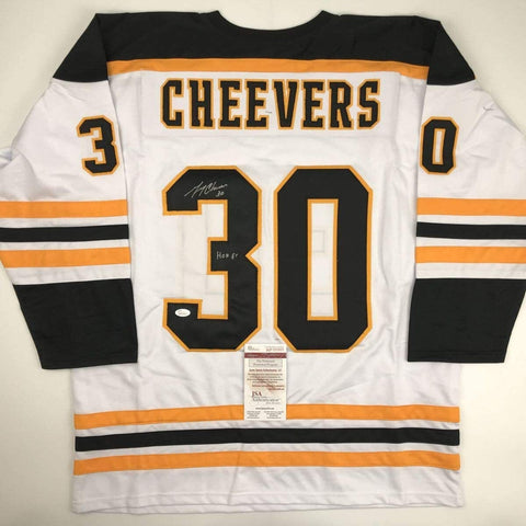 Autographed/Signed GERRY CHEEVERS HOF 85 Boston White Hockey Jersey JSA COA Auto