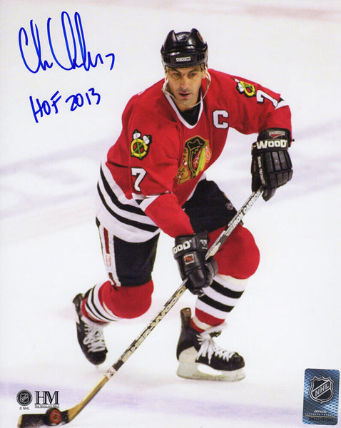 Chris Chelios Signed Blackhawks Action 8x10 Photo w/HOF 2013 (In Blue)- (SS COA)