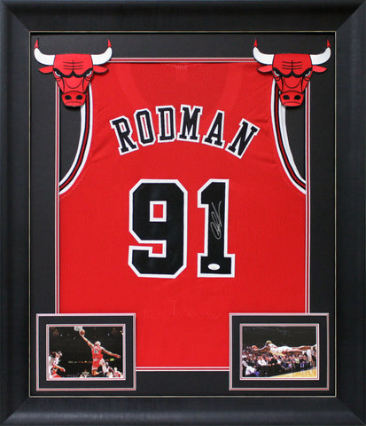 Dennis Rodman Signed Bulls 34x42 Custom Framed Jersey Display (JSA