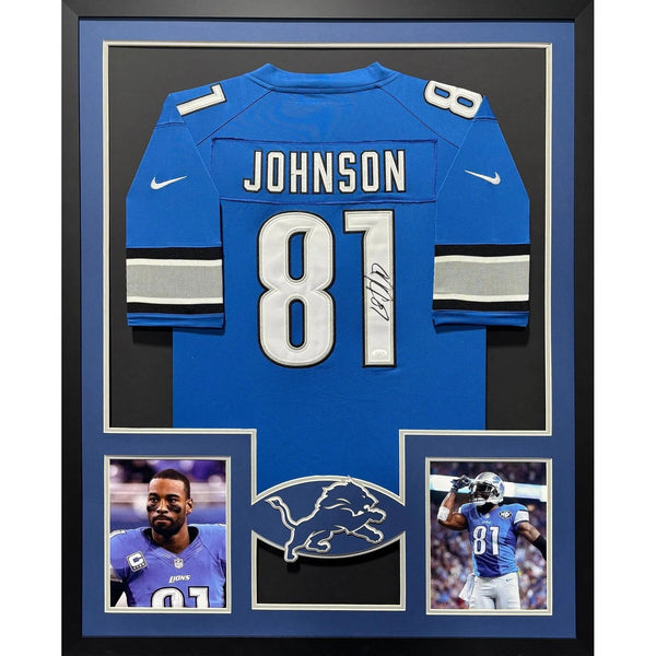 Calvin Johnson Autographed Signed Framed Detroit Lions 2P Jersey JSA
