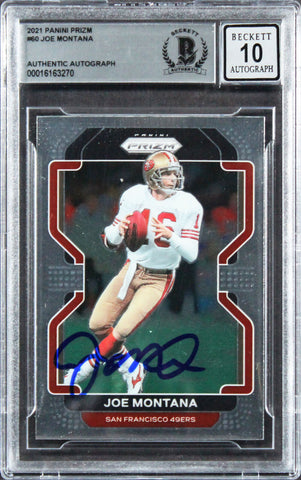 49ers Joe Montana Signed 2021 Panini Prizm #60 Card Auto 10! BAS Slabbed