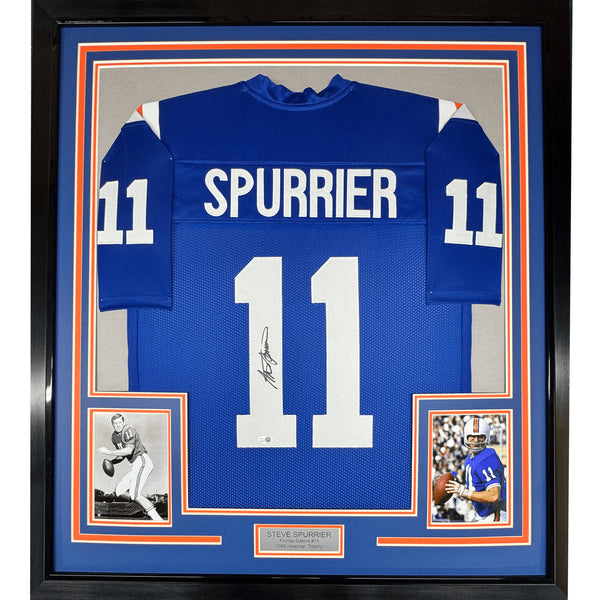 Framed Autographed/Signed Steve Spurrier 35x39 Florida Blue Jersey JSA COA
