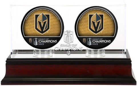 Golden Knights \'23 SC Champs Mahogany Two Hockey Puck Logo Display Case