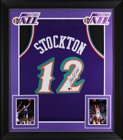 John Stockton Authentic Signed Purple Pro Style Framed Jersey BAS Witnessed