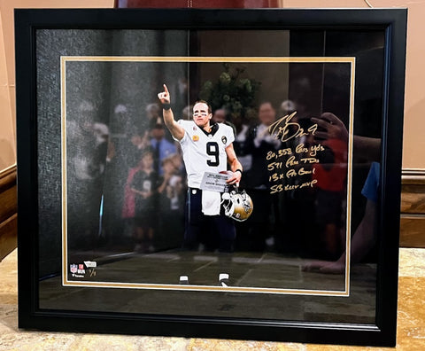 Drew Brees Autographed 16x20 Photo w/ Stats Inscriptions Framed Fanatics COA