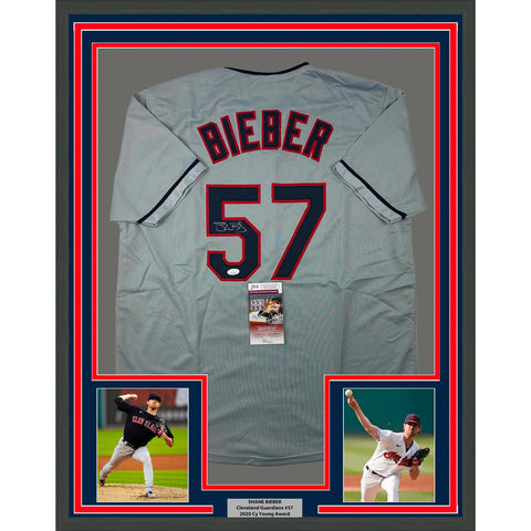 Framed Autographed/Signed Shane Bieber 33x42 Cleveland Grey Jersey JSA COA