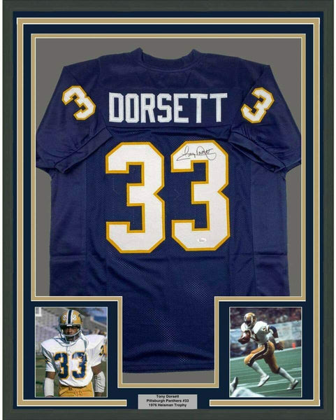 Framed Autographed/Signed Tony Dorsett 33x42 Pittsburgh College Jersey JSA COA