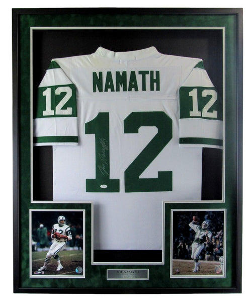 Joe Namath New York Jets Signed Football Jersey w/ Photos Framed JSA 213542
