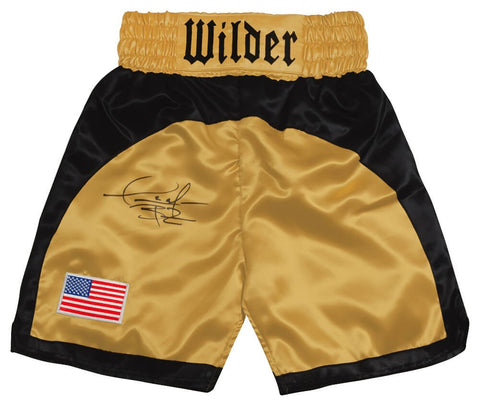Deontay Wilder Signed Gold With Black Trim Custom Boxing Trunks- (BECKETT COA)