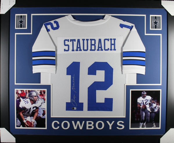 Roger Staubach Autographed Pro Style White XL Framed Jersey 35x43 Beckett 53763