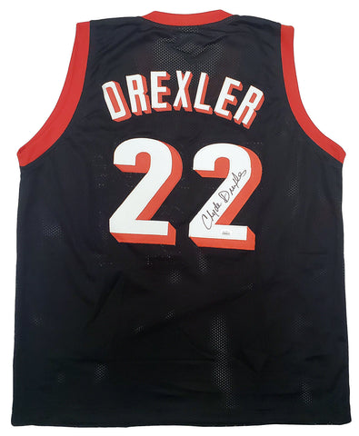 PORTLAND TRAIL BLAZERS CLYDE DREXLER AUTOGRAPHED BLACK JERSEY JSA STOCK #197006