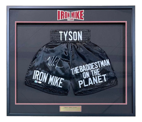 Mike Tyson Signed Framed Custom Black Baddest Man Boxing Trunks JSA ITP