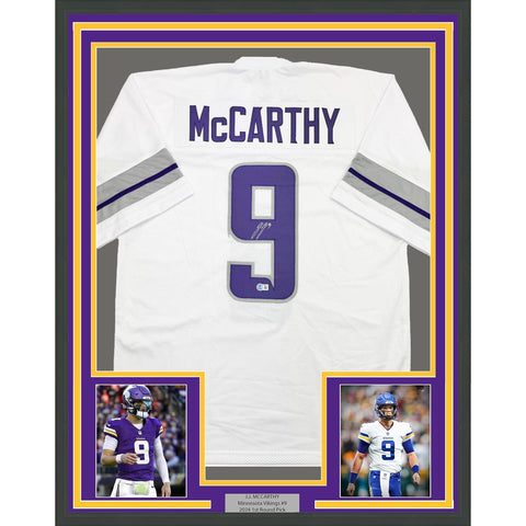 Framed Autographed/Signed J.J. JJ McCarthy 35x39 Minnesota White Jersey BAS COA