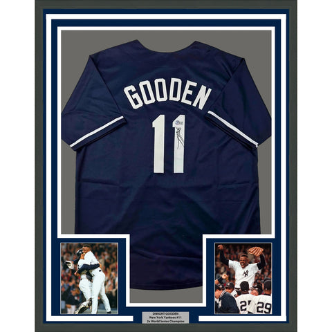 Framed Autographed/Signed Dwight Doc Gooden 33x42 New York Blue Jersey BAS COA