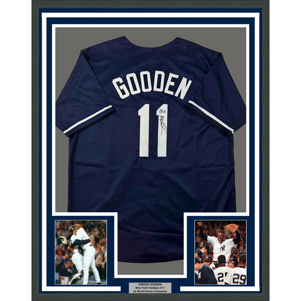 Framed Autographed/Signed Dwight Doc Gooden 33x42 New York Blue Jersey BAS COA