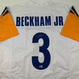 Autographed/Signed Odell Beckham Jr OBJ Los Angeles White Jersey Beckett BAS COA