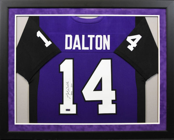 ANDY DALTON SIGNED TCU HORNED FROGS #14 PURPLE FRAMED JERSEY W/ 2010 13-0