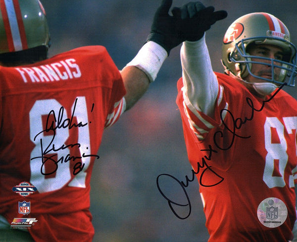 Dwight Clark & Russ Francis Signed 49ers High Five 8x10 Photo w/Aloha - (SS COA)