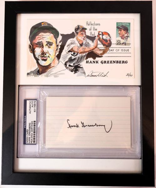 Hank Greenberg Autographed Notecard w/ Postcard Framed PSA COA