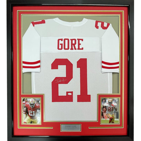 Framed Autographed/Signed Frank Gore 35x39 San Francisco White Jersey COA