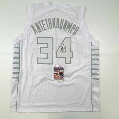 Autographed/Signed Giannis Antetokounmpo Milwaukee White Ice Basketball Jersey J