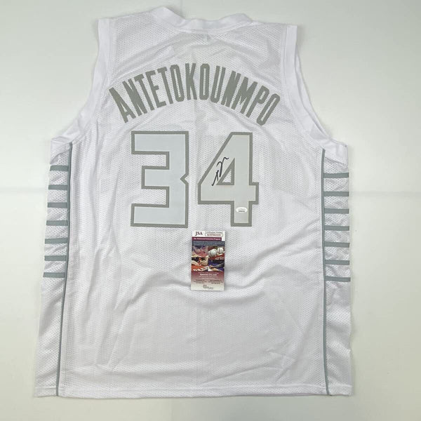 Autographed/Signed Giannis Antetokounmpo Milwaukee White Ice Basketball Jersey J