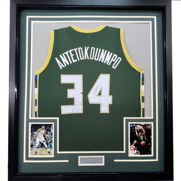 Framed Autographed/Signed Giannis Antetokounmpo 35x39 Green Jersey JSA COA