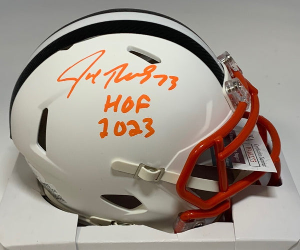 Browns JOE THOMAS Signed Riddell WHITE Speed Mini Helmet AUTO w/ HOF '23 JSA