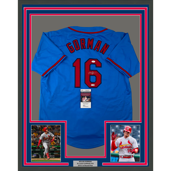 Framed Autographed/Signed Nolan Gorman 33x42 St. Louis Blue Jersey JSA COA