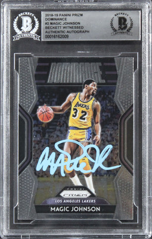 Lakers Magic Johnson Signed 2018 Panini Prizm Dominance #2 Card BAS Slabbed