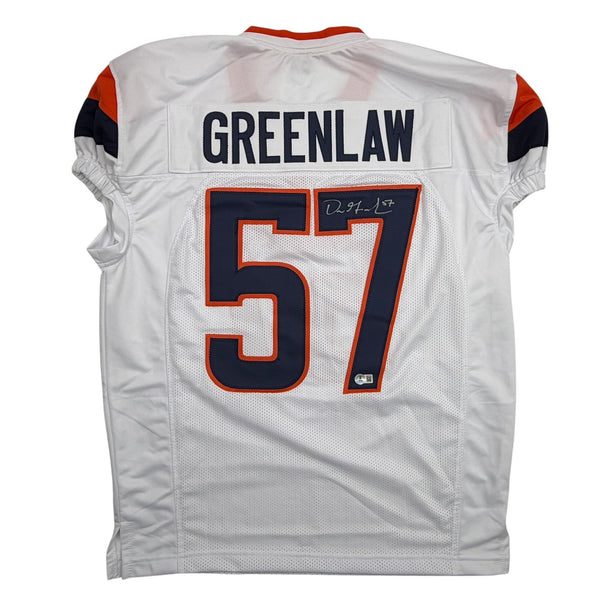 Autographed/Signed Dre Greenlaw Denver White Pro Cut Football Jersey Beckett COA