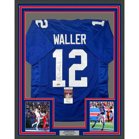 Framed Autographed/Signed Darren Waller 33x42 New York Blue Jersey JSA COA