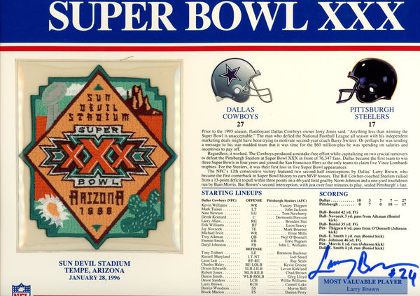 Larry Brown Autographed Dallas Cowboys SB XXX Patch Stat Card Beckett 54953