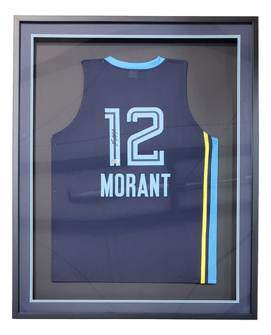 Ja Morant Signed Framed Custom Navy Blue Pro-Style Basketball Jersey BAS