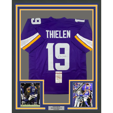 FRAMED Autographed/Signed ADAM THIELEN 33x42 Minnesota Purple Jersey JSA COA