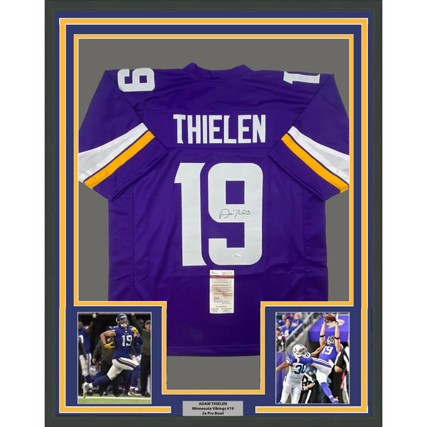 FRAMED Autographed/Signed ADAM THIELEN 33x42 Minnesota Purple Jersey JSA COA