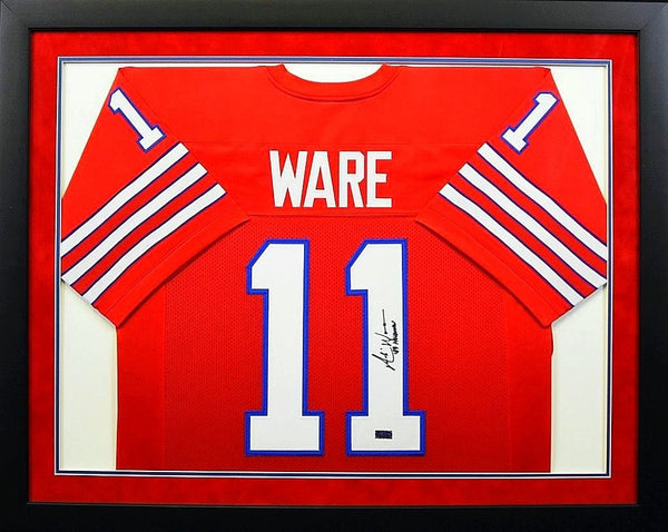 ANDRE WARE SIGNED HOUSTON COUGARS #11 RED FRAMED JERSEY W/ 89 HEISMAN