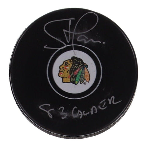 Steve Larmer Signed Chicago Blackhawks Logo Puck (JSA COA) 1983 Calder Trophy