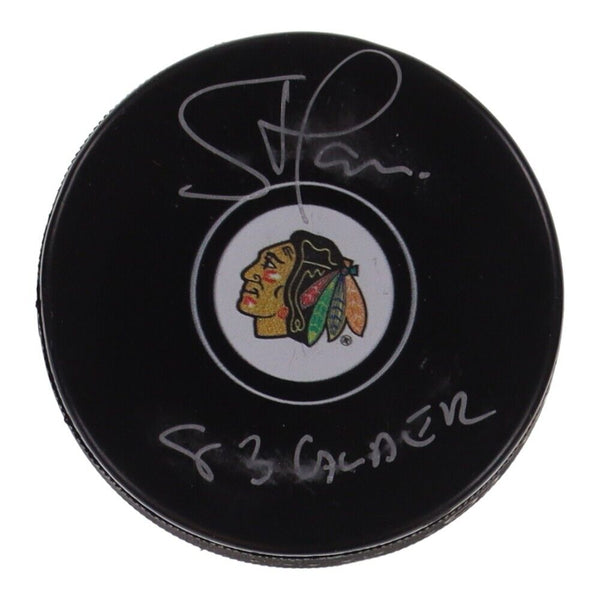 Steve Larmer Signed Chicago Blackhawks Logo Puck (JSA COA) 1983 Calder Trophy
