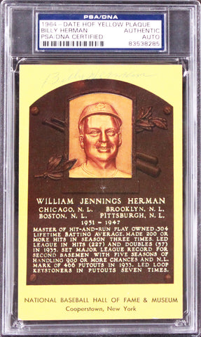 Cubs Billy Herman Signed 3.5x5.5 1964 HOF Yellow Plaque Postcard PSA/DNA Slabbed