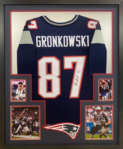 Rob Gronkowski Autographed Signed Framed Patriots Blue 4P Jersey JSA