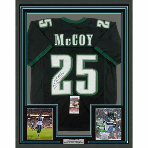 FRAMED Autographed/Signed LESEAN MCCOY 33x42 Philadelphia Black Jersey JSA COA