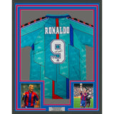 Framed Autographed/Signed Ronaldo Nazario 33x42 Barcelona Teal Jersey BAS COA