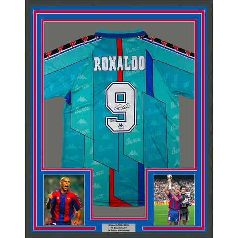 Framed Autographed/Signed Ronaldo Nazario 33x42 Barcelona Teal Jersey BAS COA