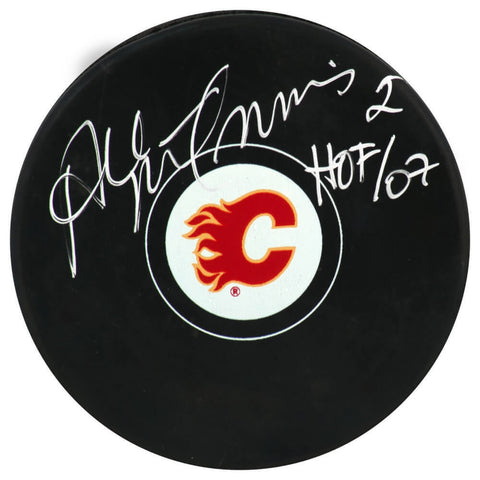 Al MacInnis Signed Calgary Flames Logo Hockey Puck w/HOF'07 - (SCHWARTZ COA)